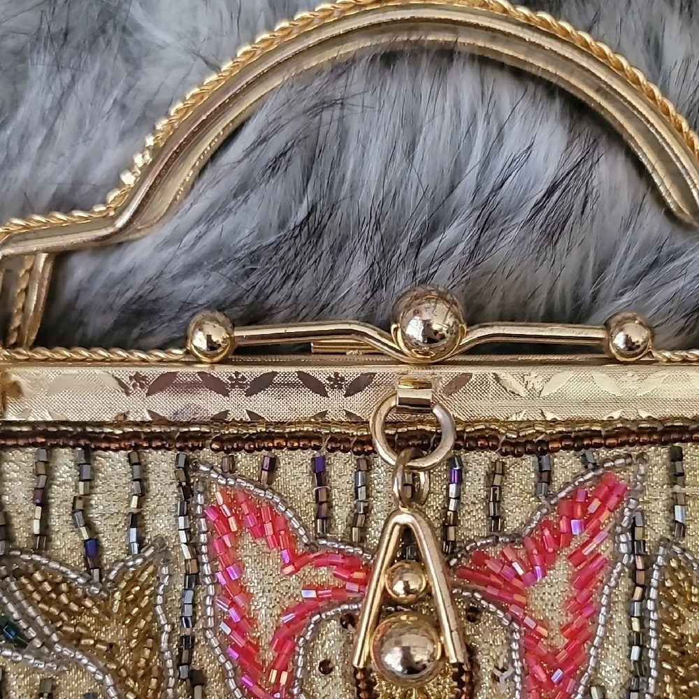 Gold and Multicolor Beaded  Women's Clutch With Crossbody Chain